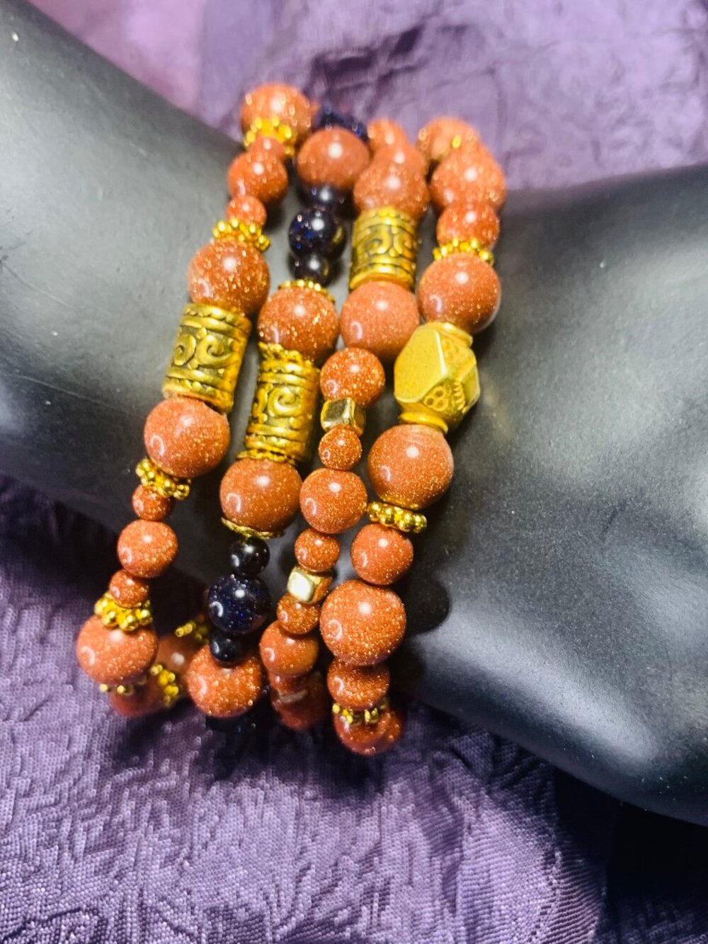 One-Of-A-Kind Brown and Dark Blue Sandstone & Pewter Bead Bracelet Set
